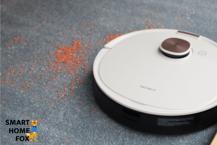 Ecovacs Deebot OZMO T8+ во время теста на всасывание чечевицы на ковре с высоким ворсом